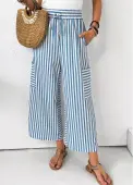 Modlily Light Blue Pocket Striped Wide Leg Elastic Waist Pants - M
