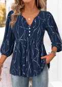 Modlily Navy Geometric Print 3/4 Sleeve Split Neck Blouse - XL