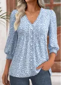 Modlily Light Blue Polka Dot 3/4 Sleeve V Neck Blouse - M