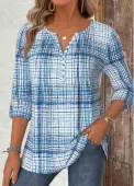 Modlily Light Blue Plaid Long Sleeve Split Neck Shirt - L