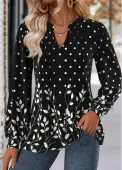 Modlily Black Leaf Print Long Sleeve Split Neck Blouse - M