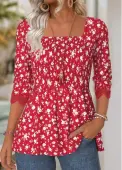 Modlily Red Ditsy Floral Print Long Sleeve Square Neck Blouse - L