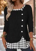 Modlily Black Plaid Long Sleeve Round Neck T Shirt - M