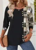 Modlily Black Geometric Print Long Sleeve Round Neck T Shirt - M