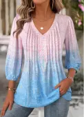Modlily Multi Color Ombre 3/4 Sleeve V Neck Blouse - L