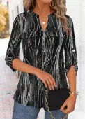 Modlily Black Geometric Print 3/4 Sleeve Split Neck Blouse - S
