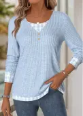 Modlily Light Blue Plaid Long Sleeve V Neck T Shirt - S