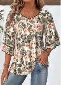 Modlily Multi Color Floral Print 3/4 Sleeve T Shirt - XL