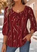 Modlily Red Geometric Print 3/4 Sleeve Heart Collar Blouse - L