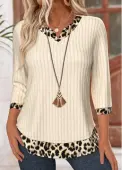 Modlily Beige Leopard 3/4 Sleeve V Neck T Shirt - M
