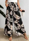 Modlily Black Pocket Leaf Print Wide Leg Elastic Waist Pants - L