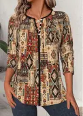 Modlily Dark Camel Tribal Print 3/4 Sleeve Split Neck Blouse - XXL