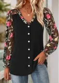 Modlily Black Frill Floral Print Long Sleeve V Neck Blouse - XL