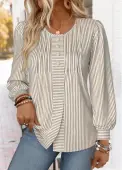 Modlily Light Coffee Striped Long Sleeve Round Neck T Shirt - L