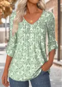 Modlily Sage Green Floral Print 3/4 Sleeve V Neck Blouse - L