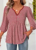 Modlily Red Plaid 3/4 Sleeve Split Neck Blouse - XL