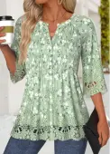 Modlily Light Green Floral Print 3/4 Sleeve Split Neck Blouse - L