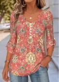 Modlily Coral Tummy Coverage Tribal Print Long Sleeve Blouse - L