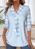 Modlily Light Blue Plaid 3/4 Sleeve V Neck T Shirt - XL