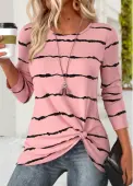 Modlily Pink Tummy Coverage Striped Long Sleeve T Shirt - L