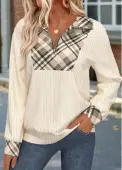 Modlily Beige Zipper Plaid Long Sleeve Sweatshirt - XL