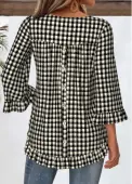 Modlily Black Tummy Coverage Plaid 3/4 Sleeve T Shirt - XXL