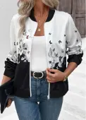 Modlily White Zipper Floral Print Long Sleeve Stand Collar Jacket - L