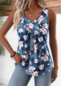 Modlily Denim Blue Random Floral Print Sleeveless Tank Top - S