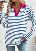 Modlily White Striped Long Sleeve Split Neck T Shirt - L