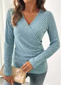 Modlily Dusty Blue Surplice Long Sleeve V Neck T Shirt - S