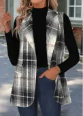 Modlily Black Tummy Coverage Plaid Sleeveless Lapel Waistcoat - M
