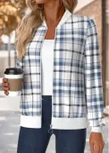 Modlily Blue Tummy Coverage Plaid Long Sleeve Stand Collar Jacket - XL