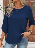 Modlily Navy Button 3/4 Sleeve Round Neck Blouse - XL