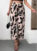 Modlily Light Camel Leaf Print Wide Leg Elastic Waist Pants - L