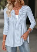 Modlily Light Blue Fake 2in1 Striped Long Sleeve T Shirt - M