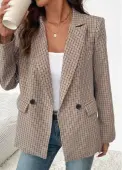 Modlily Light Coffee Double Side Pockets Plaid Long Sleeve Blazer - M