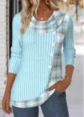 Modlily Light Blue Tummy Coverage Plaid Long Sleeve T Shirt - S