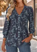Modlily Navy Frill Floral Print Long Sleeve V Neck Blouse - L