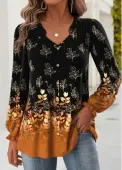 Modlily Black Tummy Coverage Leaf Print Long Sleeve Blouse - XXL