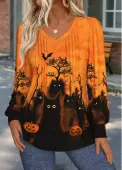 Modlily Halloween Orange Tuck Stitch Long Sleeve T Shirt - L