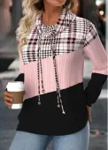 Modlily Light Pink Tummy Coverage Plaid Long Sleeve Sweatshirt - L