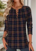 Modlily Navy Tuck Stitch Plaid Long Sleeve Split Neck Blouse - S