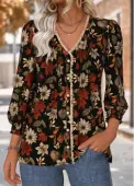 Modlily Black Tummy Coverage Floral Print Long Sleeve Blouse - M