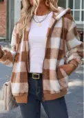 Modlily Light Coffee Tummy Coverage Plaid Long Sleeve Hooded Coat - L