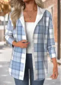 Modlily Light Blue Tummy Coverage Plaid Long Sleeve Hooded Coat - L