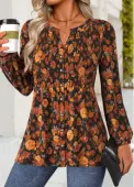 Modlily Terracotta Peplum Floral Print Long Sleeve Split Neck Blouse - S