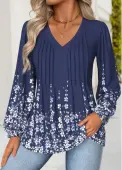 Modlily Navy Tummy Coverage Floral Print Long Sleeve Blouse - M