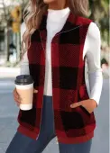 Modlily Wine Red Plush Plaid Sleeveless Stand Collar Waistcoat - XL