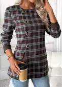 Modlily Dark Coffee Tummy Coverage Plaid Long Sleeve Blouse - XXL