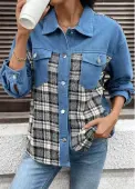 Modlily Denim Blue Tummy Coverage Plaid Long Sleeve Coat - XL